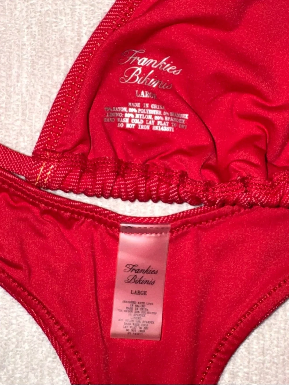 Frankie’s Bikinis Red Denim Bikini SET Sexy Full Moon Paradise Halter Large